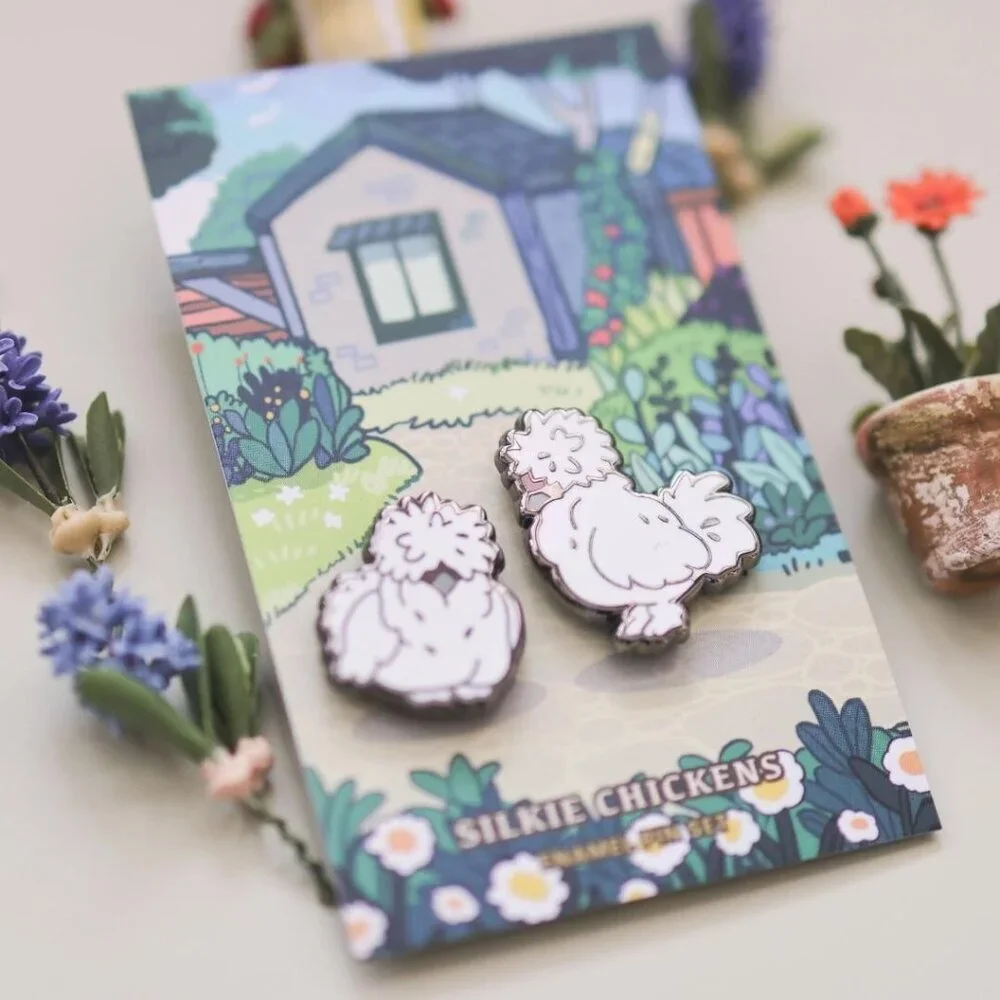 Silkie Chickens Enamel Pin Set of 2 - Farm Animal Brooches -‎ Chicken Jewelry